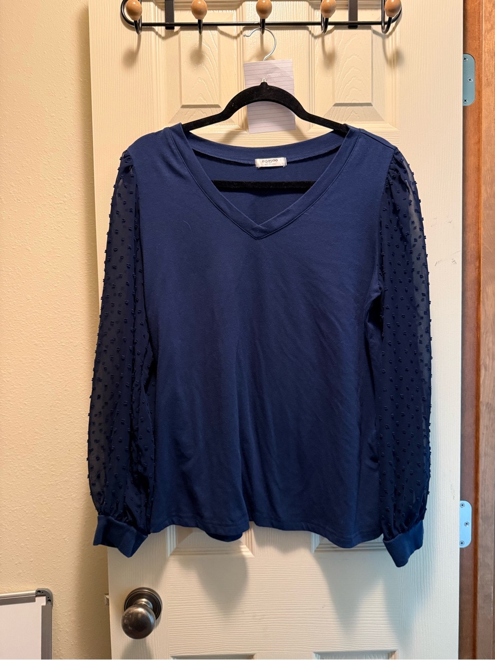 Zeagoo Navy V-Neck Women's Top with Swiss Dot Sheer Sleeves
